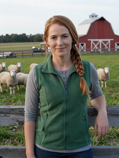 Sarah, 35, Minnesota sheep farmer smiling near wooden fence with flock in Morrison County paddock