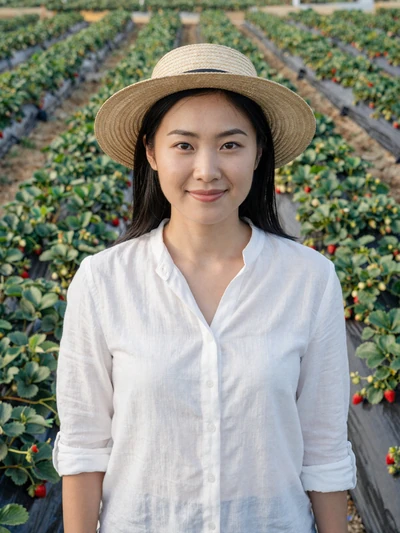 Mai, 29, California organic strawberry farmer smiling in Salinas Valley field