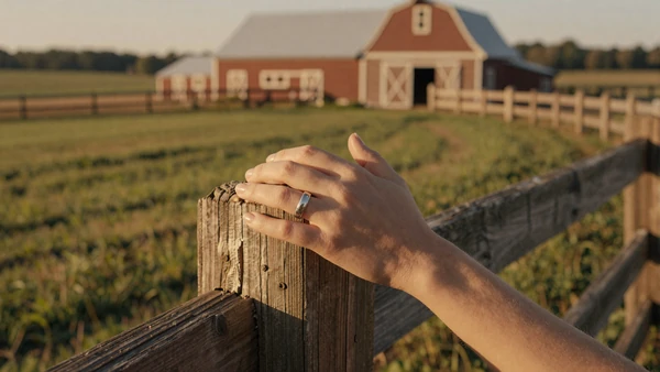 Wedding rings on hands resting on a farm fence post with pasture in background, farmer dating success stories