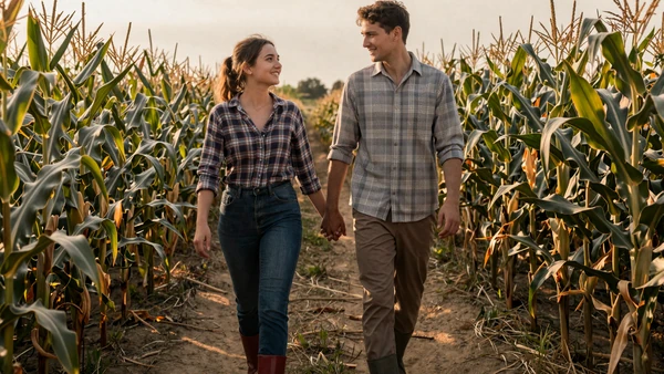 Young farmer couple walking hand in hand between corn fields, guide to dating a farmer