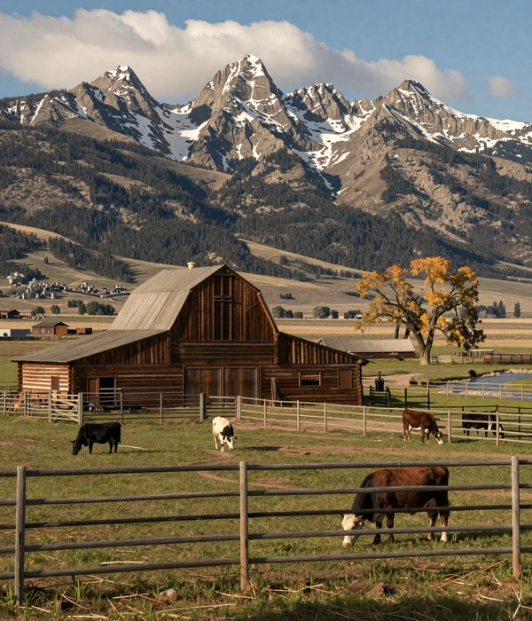 Montana ranch with a rustic log barn and corrals against snow-capped mountains with Hereford cattle grazing on green pastures under a dramatic Big Sky