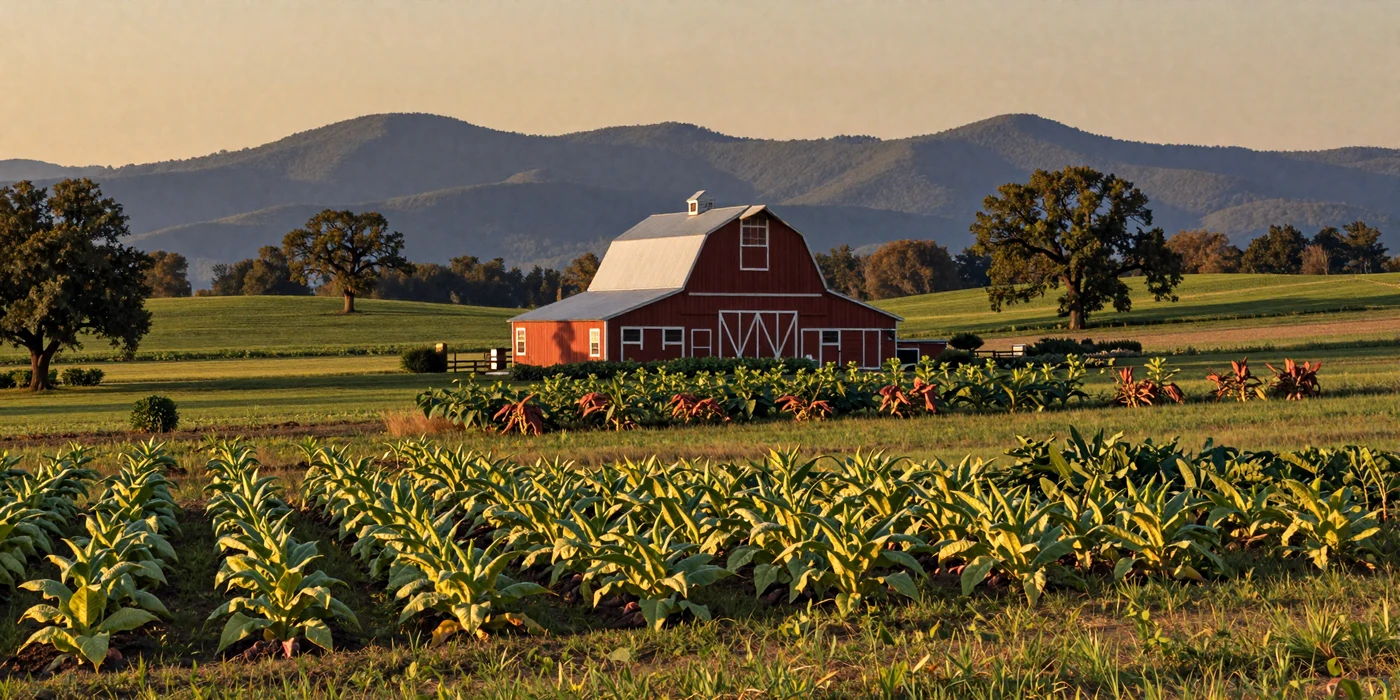 North Carolina Piedmont farmland at golden hour with tobacco fields and a red barn against the Blue Ridge Mountains
