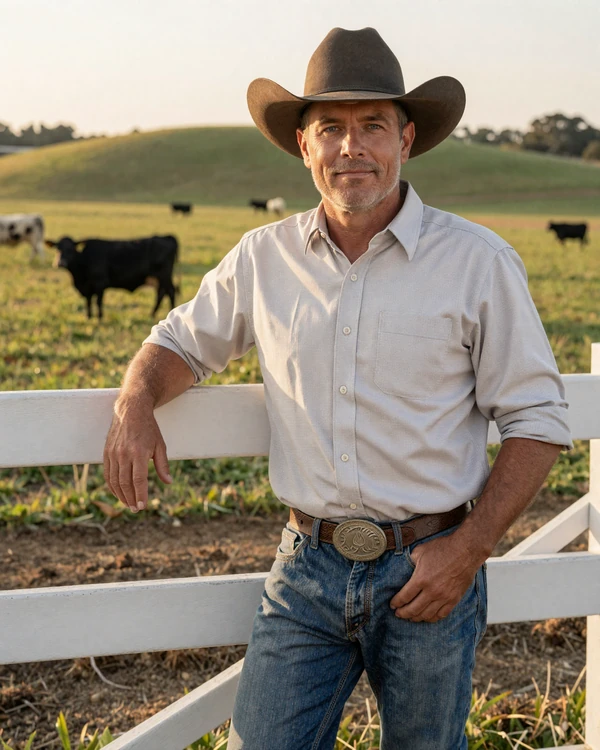 Successful American rancher leaning on fence at premium ranch property with cattle grazing in background at golden hour