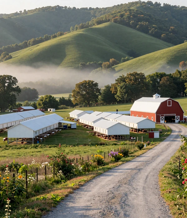 Arkansas poultry farm with white chicken houses set against green Ozark foothills with morning mist in the valley