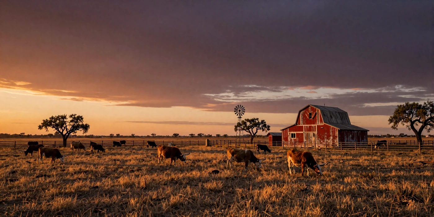 Vast Texas cattle ranch at sunset with longhorn cattle grazing on golden plains and a windmill silhouetted against the Lone Star sky