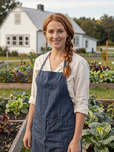 Hannah, 32, Maine organic farmer smiling in her vegetable garden with white farmhouse behind in Waldo County