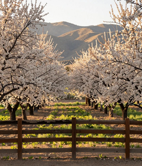 California almond orchard in bloom with rows of white blossoms and Sierra Nevada foothills in background Central Valley farmland