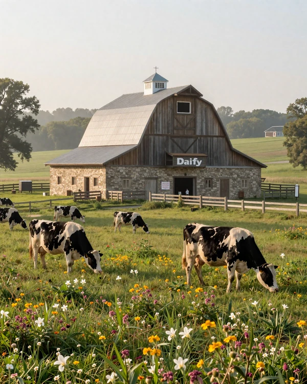 European-style stone and timber barn in rural Wisconsin with Holstein cows grazing on green pastures in morning light