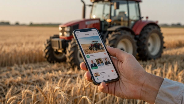 Farmer holding smartphone with dating app, tractor and wheat field in background