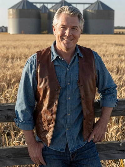 William, a 52-year-old wheat farming magnate leaning against a fence with vast Kansas wheat fields and grain silos behind