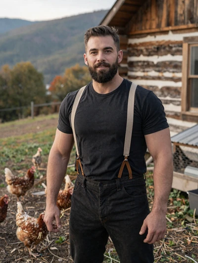 Dustin, 36, West Virginia homesteader standing near chicken coop on mountain property with log cabin behind