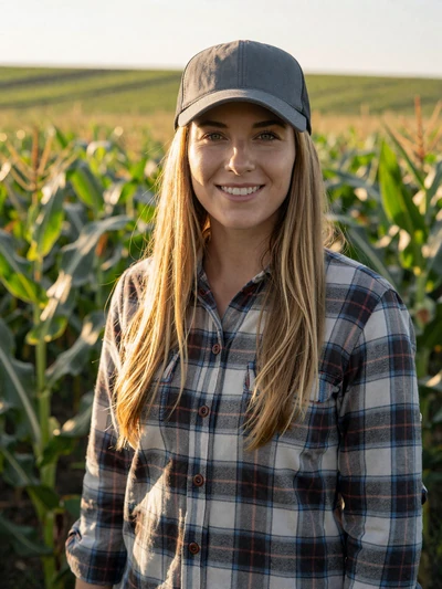 Emma, 32, Nebraska corn and soybean farmer smiling in a green Platte Valley cornfield
