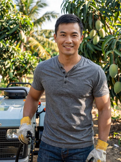 Tuan, a 35-year-old Vietnamese-American farmer standing next to a tractor in a Florida tropical fruit orchard