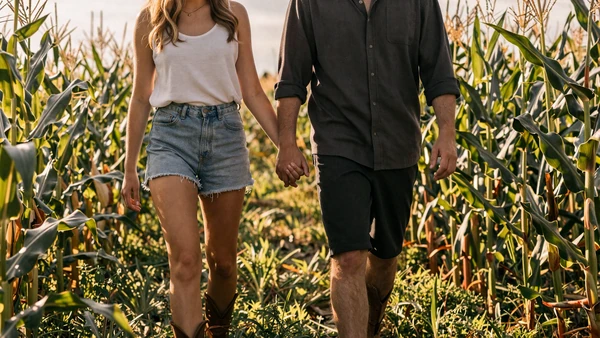 Farming couple holding hands walking through a sunlit cornfield, dating a farmer guide