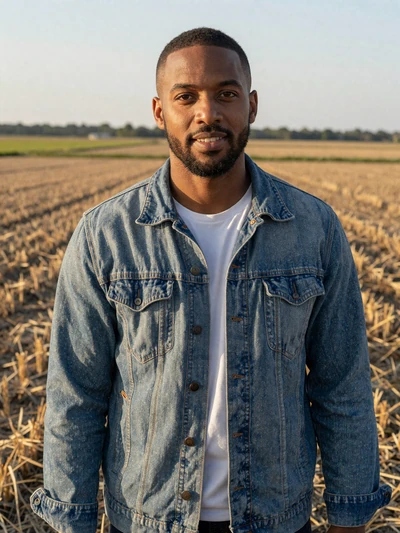 Marcus, 38, Missouri Bootheel rice and soybean farmer smiling in a harvested field in Dunklin County