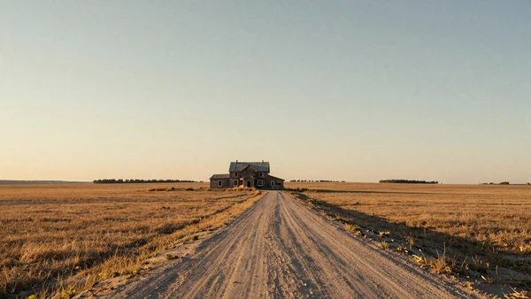 Lonely farmhouse at end of dirt road surrounded by open prairie fields, rural dating challenges concept
