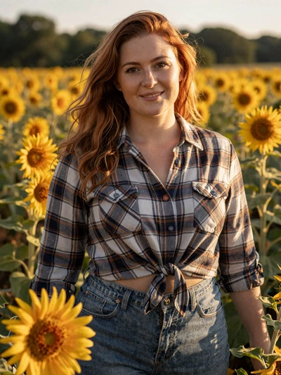 Amber, a 33-year-old country woman from Kansas standing in a sunflower field at golden hour