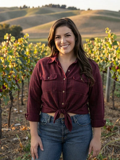 Lisa, 36, Missouri vineyard and farm owner smiling near grape vines in Hermann with rolling hills behind her