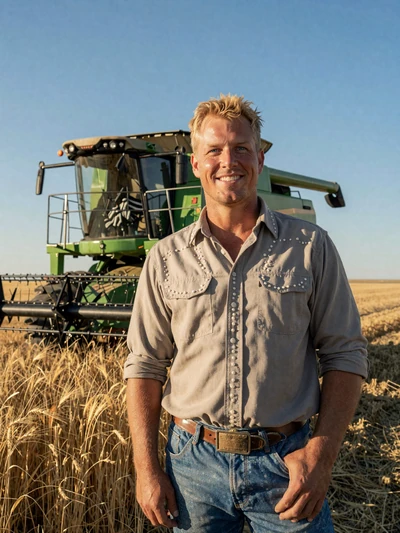 Luke, 37, Montana grain farmer standing next to a combine harvester in a barley field under a massive Big Sky