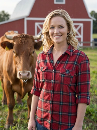 Kirsten, 29, Minnesota dairy farmer smiling next to Jersey cow in green pasture in Winona County
