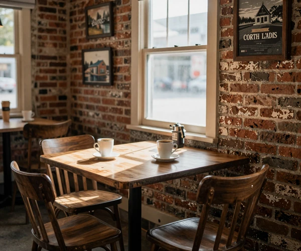 Cozy small-town cafe interior with warm lighting, a safe public meeting spot for a first date with a farmer