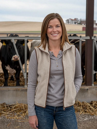 Kara, 35, Nebraska feedlot veterinarian smiling near a cattle loading chute in Keith County