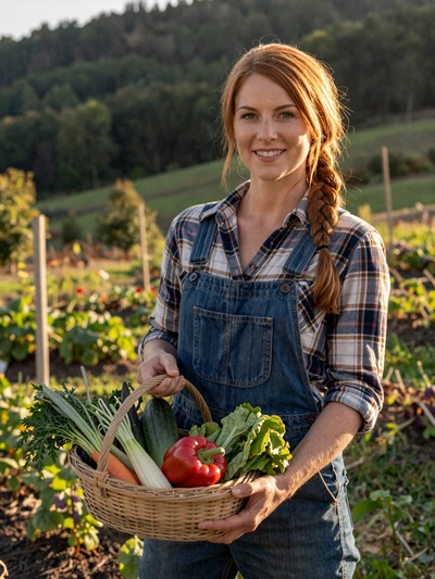 Hannah, 32, West Virginia homesteader smiling with basket of fresh vegetables in her hillside garden