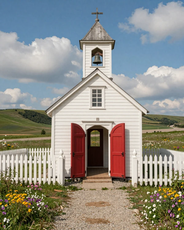 Small white country church with open doors and bell tower surrounded by wildflowers and green farmland on a sunny day