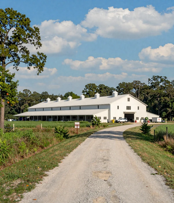 Alabama poultry houses surrounded by green pastures under a bright Southern sky with pine trees in the background