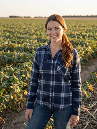 Megan, 33, Missouri soybean farmer smiling at the edge of a golden soybean field in Nodaway County