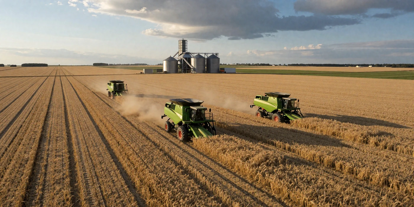 Three modern combines harvesting wheat across vast Midwest farmland at golden hour with grain elevators in background, industrial farmers dating