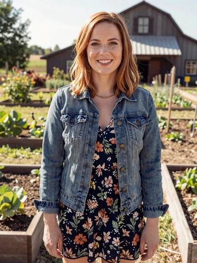 Rachel, a 29-year-old Christian woman in a farm vegetable garden in Iowa