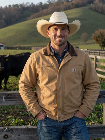 Travis, 41, Tennessee cattle rancher smiling by a wooden fence with Angus cattle in Maury County