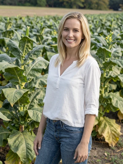 Shelby, 29, North Carolina tobacco farmer smiling at the edge of a green tobacco field in Pitt County
