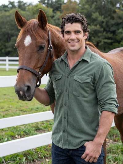 Garrett, 37, Tennessee Walking Horse trainer standing with a chestnut horse in Shelbyville