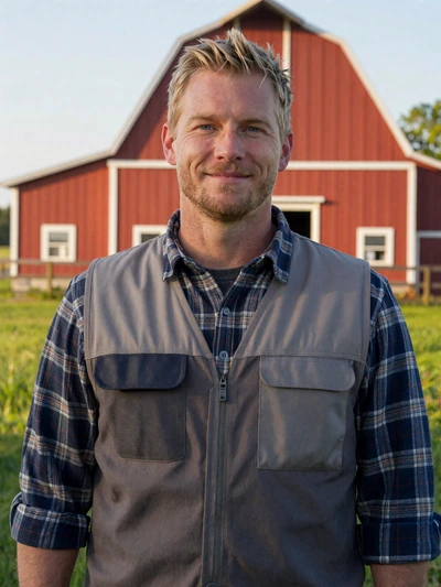 Erik, a 42-year-old Scandinavian-American dairy farmer smiling in front of a red barn in Wisconsin