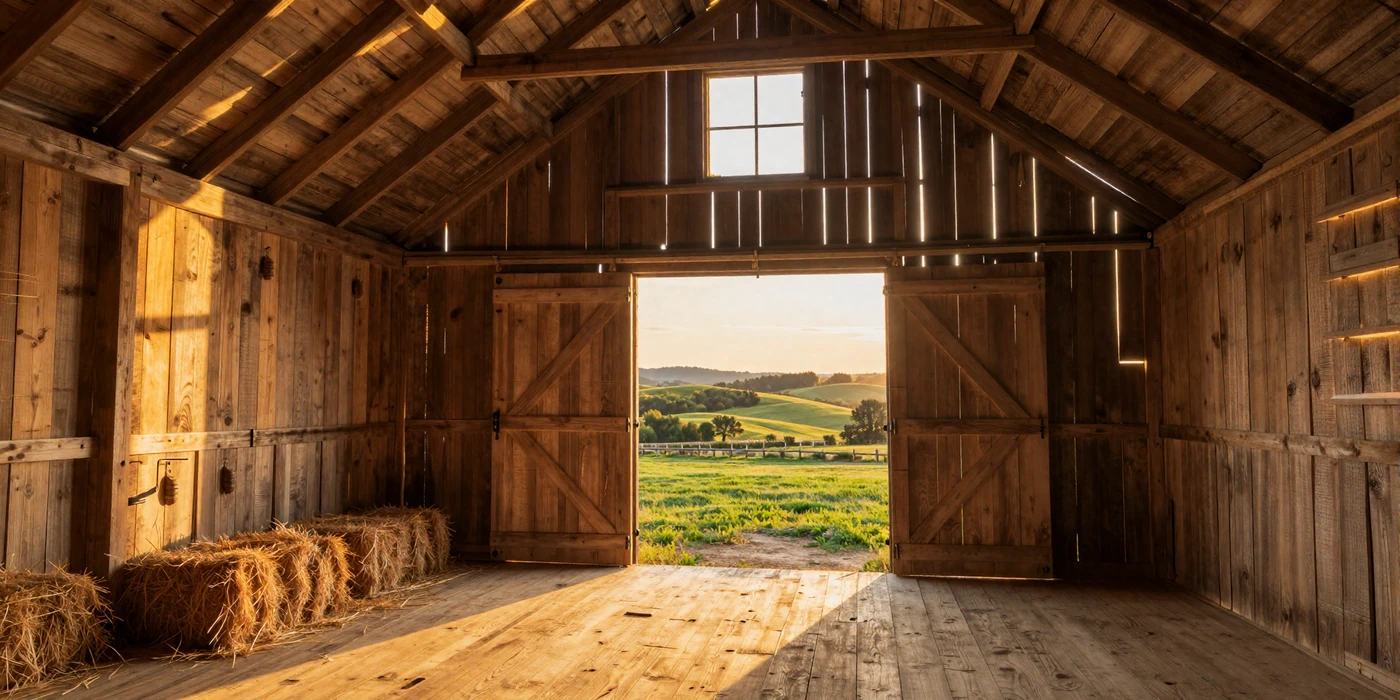 Warm rustic barn interior with golden sunlight and green pastures beyond, the heart of American farming