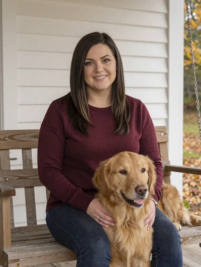 Hannah, a 36-year-old Christian farmer woman on a farmhouse porch in North Carolina