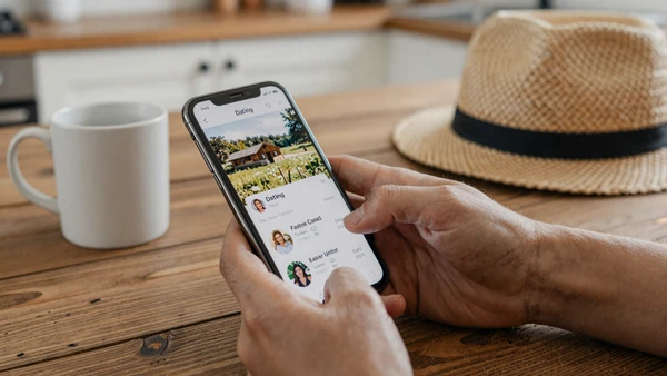 Farmer's hands holding a phone with a dating profile, farmer dating profile tips