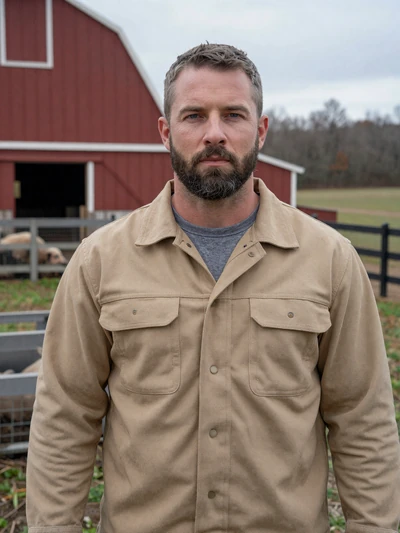 Clayton, 46, North Carolina hog farmer standing near a red barn in Duplin County