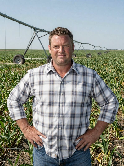 Travis, a 46-year-old large-scale irrigator standing before a center-pivot system on his Nebraska corn operation