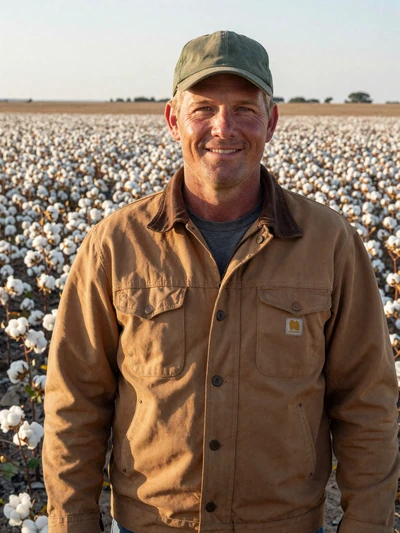 Dale, 44, Texas cotton farmer standing in a field of white cotton bolls in West Texas