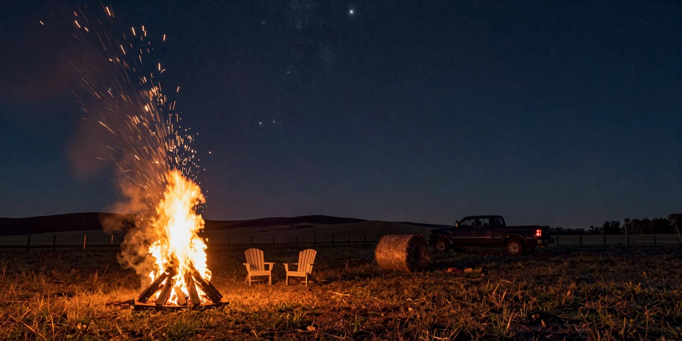 Bonfire burning under a starry sky in the American countryside with hay bales and a pickup truck, country farmers dating atmosphere