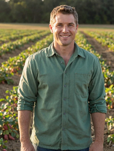 Travis, 41, North Carolina sweet potato farmer smiling in a field in Johnston County