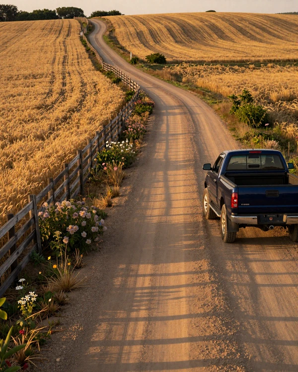 Winding dirt road through golden wheat fields at dusk in the American Midwest with a pickup truck and wildflowers, country lifestyle