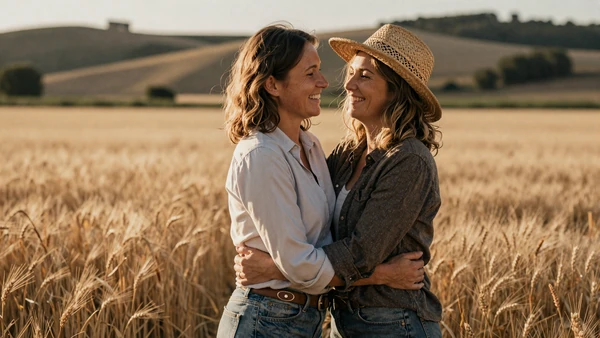 Happy farming couple embracing in a wheat field, success story from SvetlanaLove farmer dating site