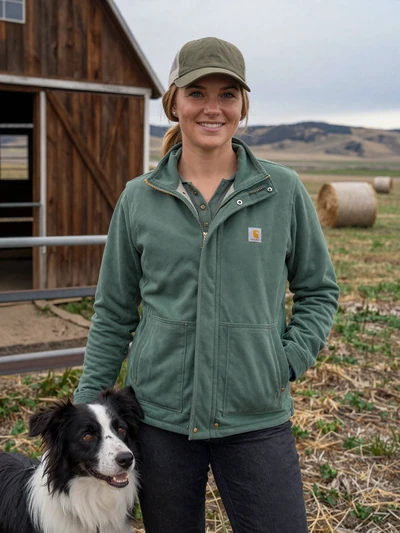 Jenny, 29, Montana mixed farmer smiling beside a barn with a border collie and open plains in the background