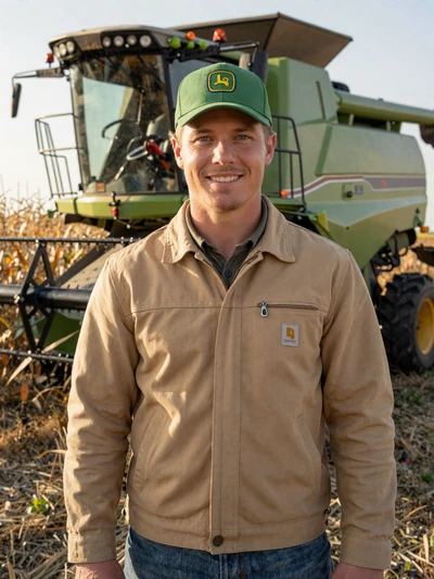 Jake, 38, Illinois corn farmer smiling near a combine harvester in McLean County cornfield
