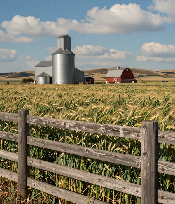 Kansas wheat field with grain elevator and red barn under blue skies in the Flint Hills region of the Wheat State