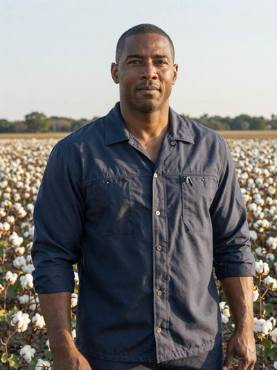 Marcus, 45, Arkansas cotton and soybean farmer standing at the edge of a Delta cotton field